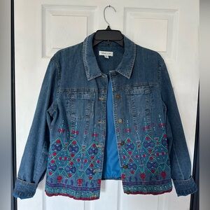 Coldwater Creek Petite Medium PM Women’s Embroidered Denim Floral Jacket.